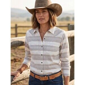 Ariat REAL Billie Jean Shirt Womens Small White Brown Blue Relaxed Fit Western